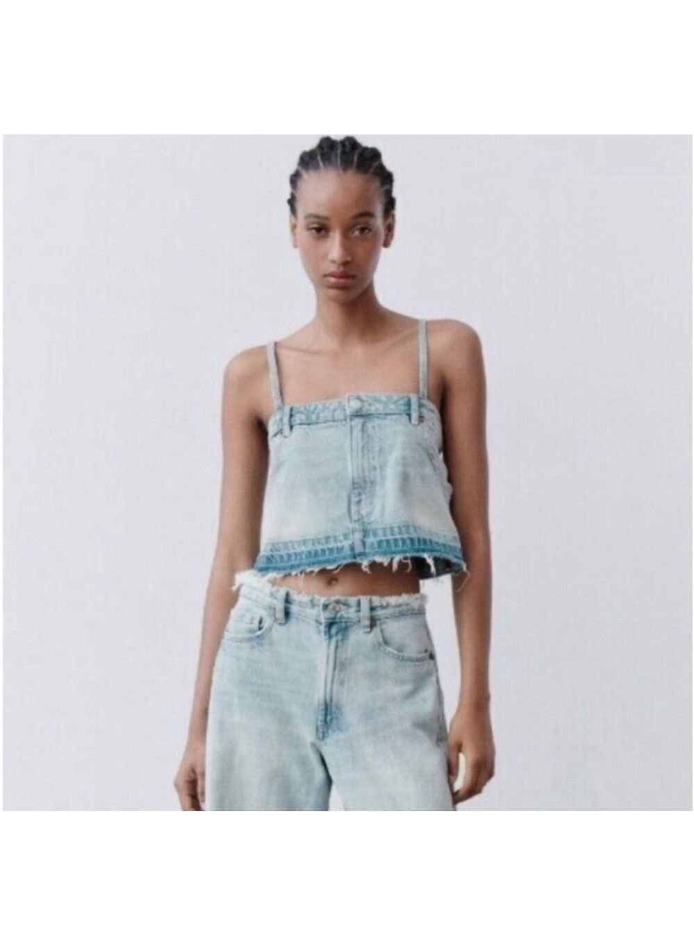 NWT ZARA Denim Jean Cropped Pants Top Spaghetti
Strap Blue Wash
